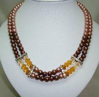 Two Row Brown Glass Pearl and Crystal Bead Necklace with Diamantes