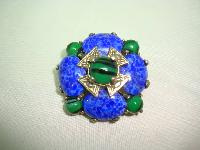 Vintage 50s Signed Miracle Cobolt Blue and Green Agate Glass Brooch 