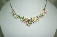 Vintage 50s Cream Enamel Floral Link Multicoloured Diamante Necklace