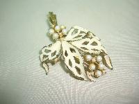Vintage 50s Cream Floral Enamel Design Brooch Set with Faux Pearls Pretty