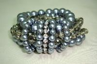 Fab Wide 6 Row Grey Glass Faux Pearl Bead and Diamante Stretch Bracelet