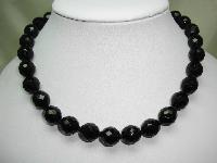 Vintage 50s Quality Black Faceted Crystal Glass Hand Knotted Bead Necklace