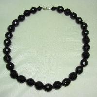 Vintage 50s Quality Black Faceted Crystal Glass Hand Knotted Bead Necklace