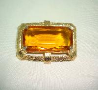 Vintage 50s Huge Amber Citrine Glass Stone Gold Textured Frame Brooch