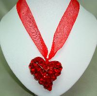 Large Red Acrylic Heart Sparkling Crystal Glass Pendant on Ribbon Tie