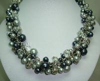 Quality Shades of Grey Faux Pearl Glass & Crystal Bead Dropper Necklace