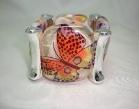 Wide Chunky Multicoloured Butterfly Print Acrylic Cuff Stretch Bracelet