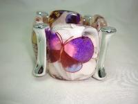 Wide Chunky Multicoloured Butterfly Print Acrylic Cuff Stretch Bracelet