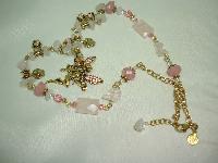 Signed Kirks Folly Pink Quartz & AB Diamante Dangle Angel Gold Necklace