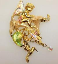 Signed Kirks Folly Moonflower Fairy Enamel and Crystal Pendant Brooch 