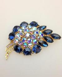 Vintage 50s Quality Huge Blue AB Diamante Goldtone Statement Brooch 
