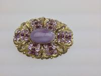 Vintage 30s Large Czech Filigree Purple Pink Diamante Oval Gold Brooch 7cm 