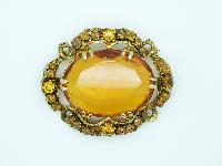 Vintage 50s Amazing Large Amber Glass Diamante Goldtone Oval Brooch 6cms