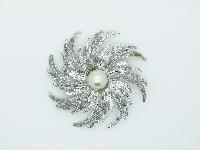 Vintage 60s Signed Sarah Cov Large Silvertone Swirl Pearl Design Brooch