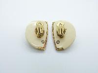 Vintage 60s Cream Lucite Goldtone Amber Glass Modernist Clip On Earrings