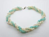 Vintage 50s Fab Three Row Twist Aqua and White Mother of Pearl Bead 55cms Necklace 