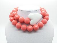 Fab Chunky Long Coral Plastic Bead Necklace Large White Heart Feature 84cms