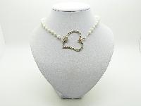 Vintage Redesigned 50s White AB Glass Bead Necklace with Large Diamante Heart