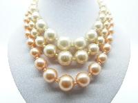Vintage 50s Chunky Three Row White and Pink Faux Pearl Bead Necklace 47cms