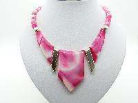 Vintage 70s Funky Pink and White Marble Effect Lucite Statement Necklace 