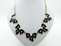 Vintage Inspired Black Enamel Bow and Faux Pearl Bead Goldtone Necklace 