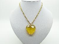Vintage 80s Large Citrine Crystal Glass Heart Pendant and Gold Plated Chain