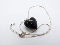 Pretty Black Glass Heart Pendant with Silvertone Snake Chain