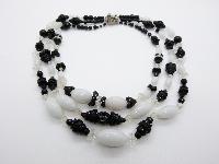 Vintage 50s Stunning Three Row Black and White Glass Bead Necklace Quality!