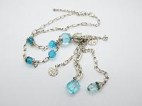Long Silvertone Chain Link Necklace with Blue Glass Beads and Coin Charms