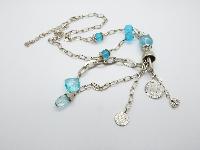 Long Silvertone Chain Link Necklace with Blue Glass Beads and Coin Charms