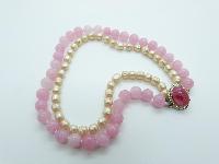 Vintage 50s Two Row Pink Glass and  Faux Pearl Bead Necklace and Earrings