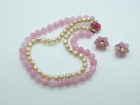 Vintage 50s Two Row Pink Glass and  Faux Pearl Bead Necklace and Earrings