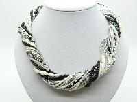 Vintage 80s Super Black White and Silver Multi Strand Bead Twist Necklace