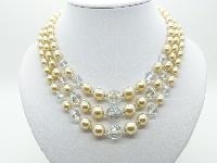 Vintage 50s Stunning Three Row Crystal and Faux Pearl Glass Bead Necklace