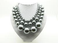 Vintage 50s STYLE Three Row Chunky SIlver Grey Pearl Bead Necklace Fab!