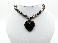 Fab Black and Bronze Hombre Glass Bead Necklace with Large Heart Pendant