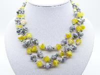 Vintage 50s Three Row Yellow and Grey Swirl Murano Glass Bead Necklace 