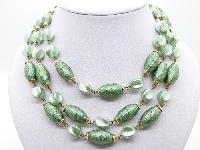 Vintage 50s Fab Three Row Two Tone Green Textured Lucite Bead Necklace 