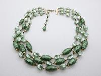 Vintage 50s Fab Three Row Two Tone Green Textured Lucite Bead Necklace 