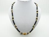 Vintage 80s Fab Black Glass Bead Gold and Cloisonne Flower Necklace