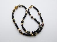 Vintage 80s Fab Black Glass Bead Gold and Cloisonne Flower Necklace
