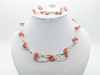 Magnetic Three Row Silvertone Orange Glass Bead Necklace and Bracelet Set