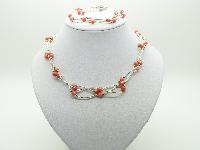 Magnetic Three Row Silvertone Orange Glass Bead Necklace and Bracelet Set