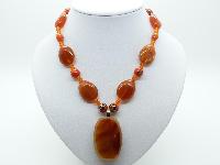 Vintage 70s Orange Murano Glsss and Amber Lucite Bead Pendant Necklace