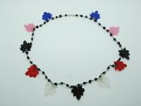 Vintage 70s Fab Black Bead with Multicoloured Leaf Shaped Charms Necklace