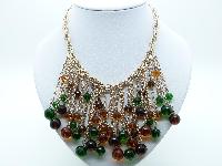 Vintage 60s Green and Citrine Glass Tassel Drop Goldtone Chain Necklace