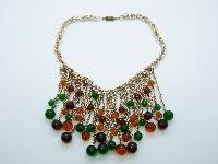 Vintage 60s Green and Citrine Glass Tassel Drop Goldtone Chain Necklace