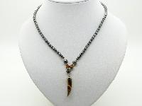 Vintage 80s Hematite Bead Necklace with Tigers Eye Horn of Plenty Pendant 45cms Long