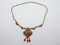 Vintage 60s Filigree Goldtone Red Glass and Pearl Dropper Pendant Necklace