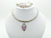 1990s Silver Metal Bead Flexible Choker Opaline Pendant and Bracelet Set 